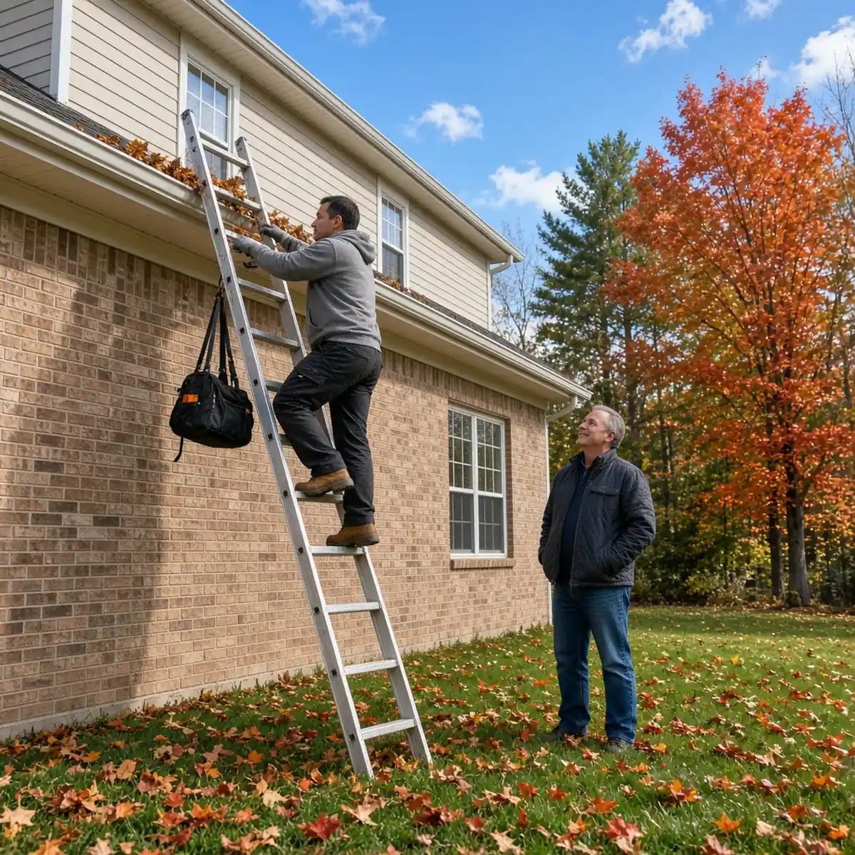 Gutter cleaner clearing leaves from the gutter of a two-story Bloomington IL home while the homeowner looks on