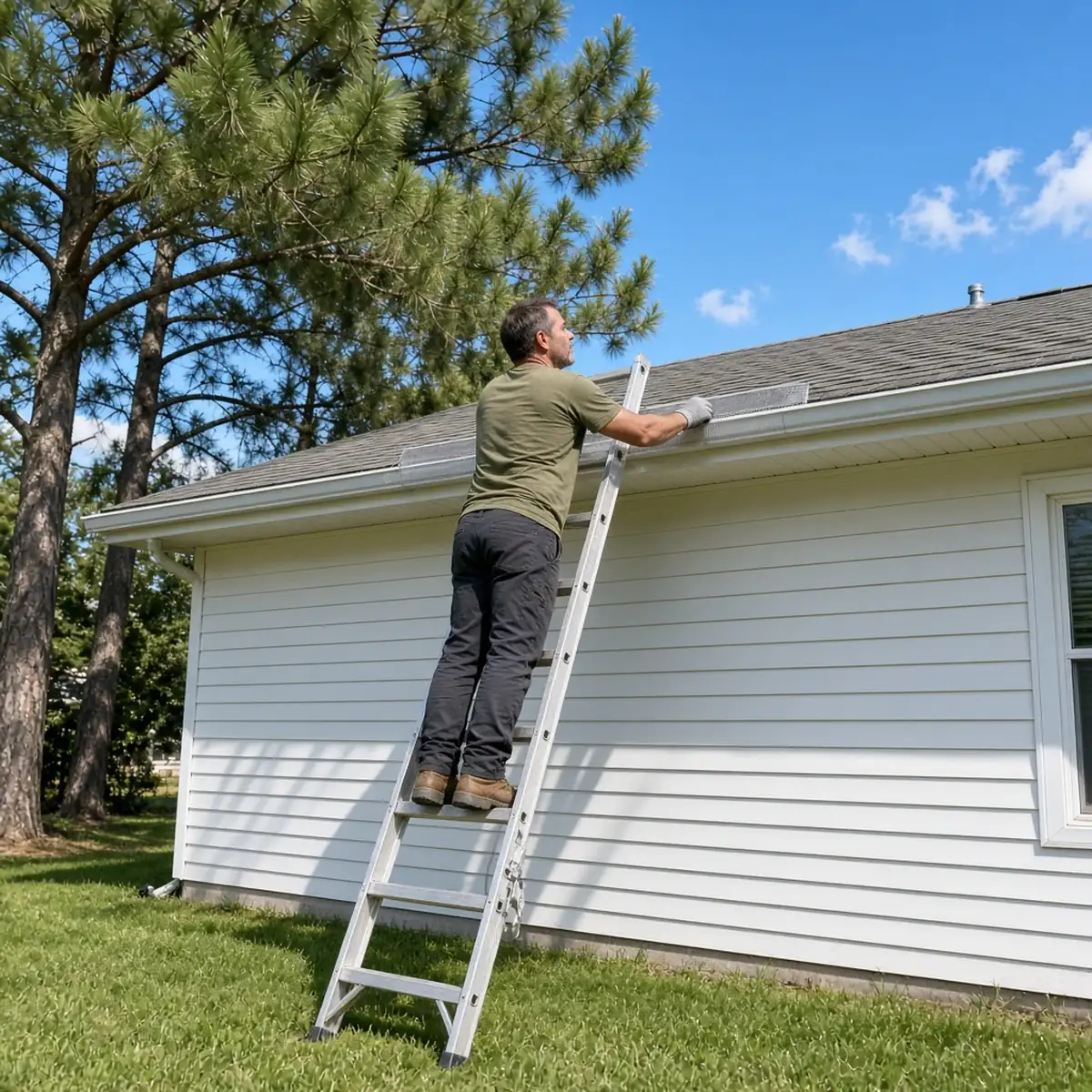 Installer fitting micro-mesh gutter guard over a gutter on a tree-shaded Bloomington home