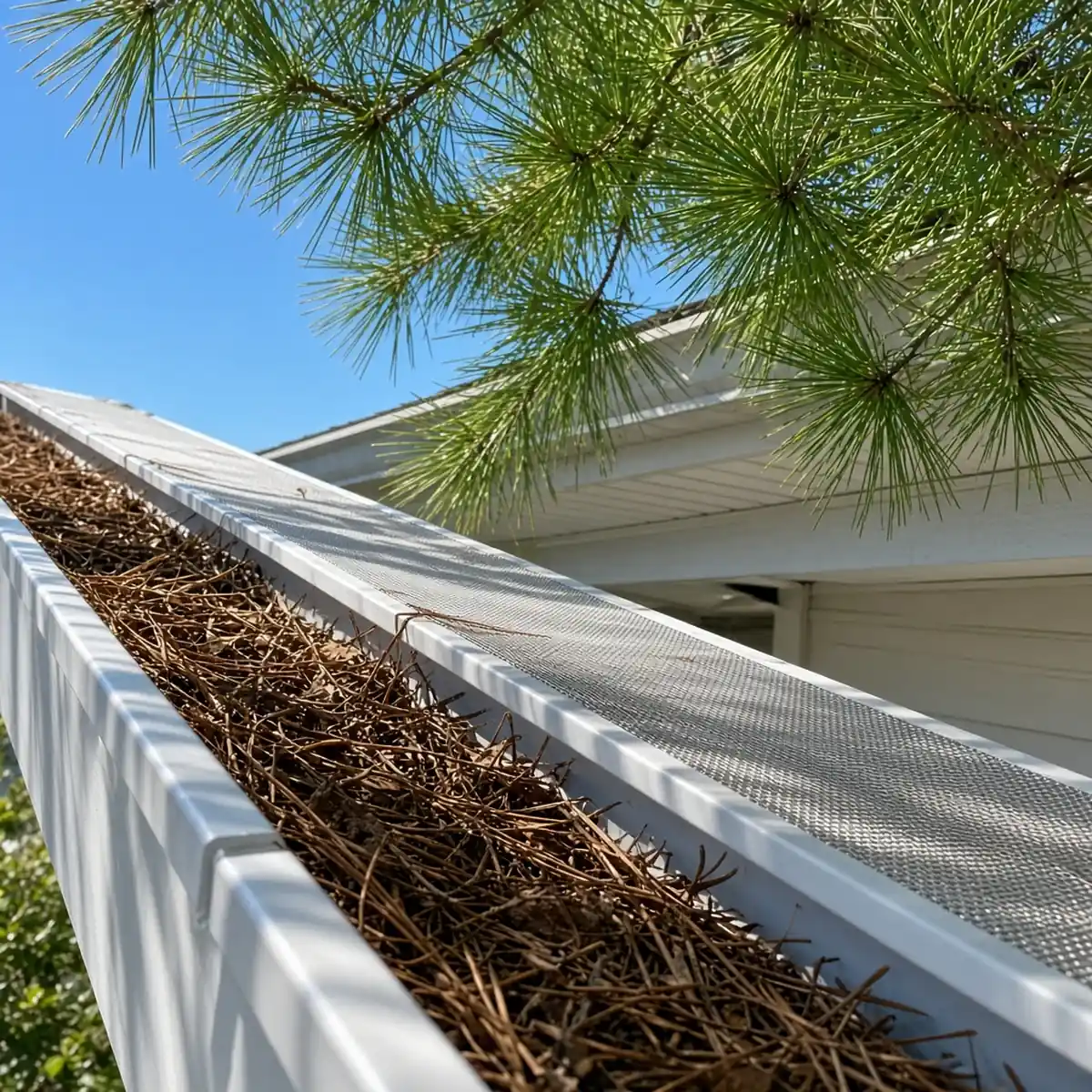 Split comparison of a bare gutter full of pine needles beside a mesh-guarded clean gutter