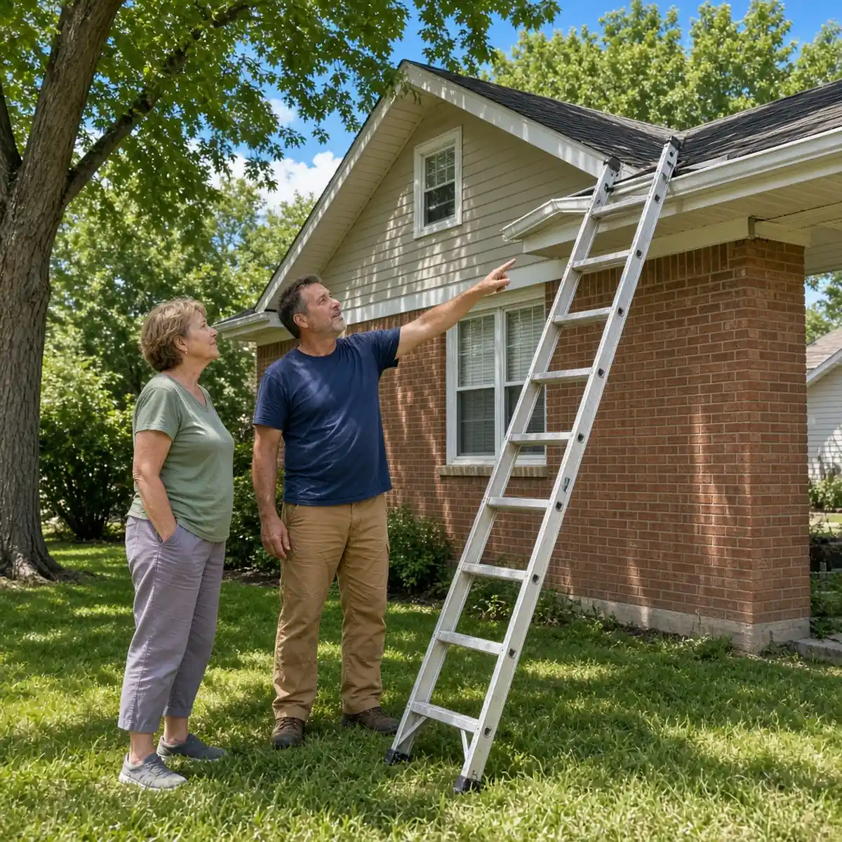 Gutter repair contractor showing a Bloomington homeowner a gutter section pulling away from the fascia