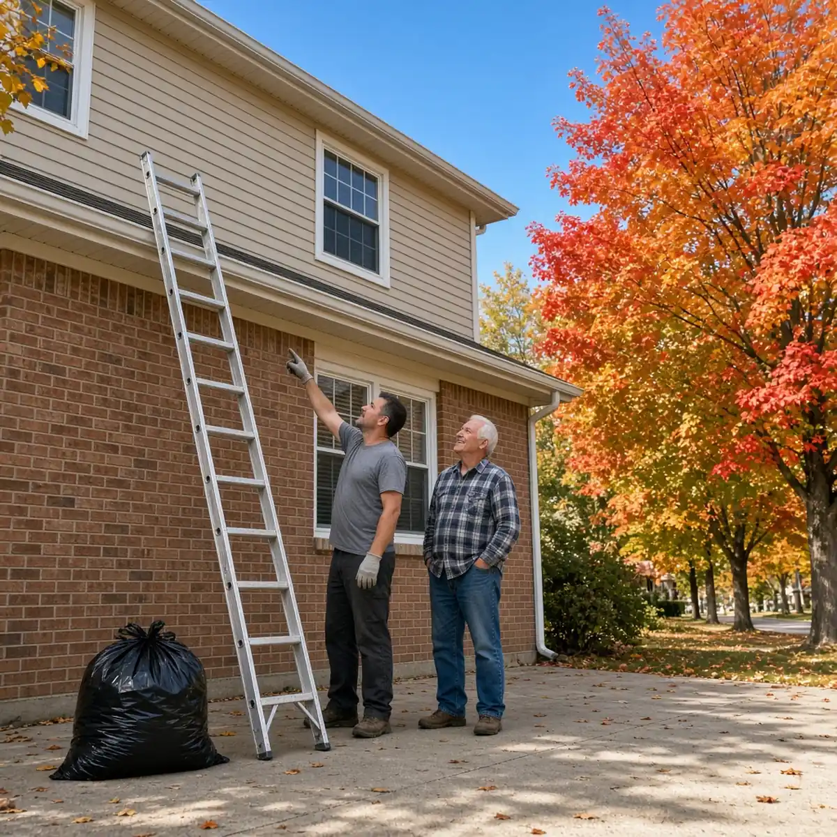Gutter cleaner finishing work at a McLean County home as the homeowner thanks him in the driveway